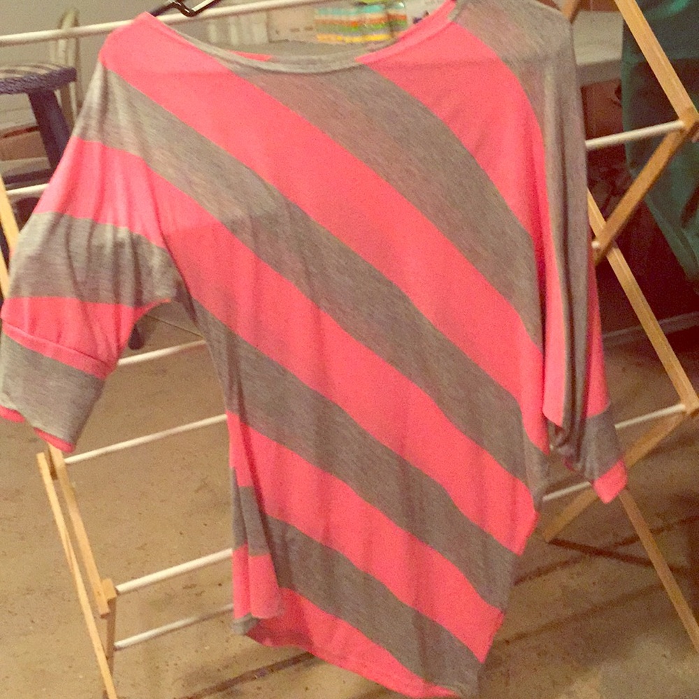 Asymmetrical hot pink and grey striped shirt